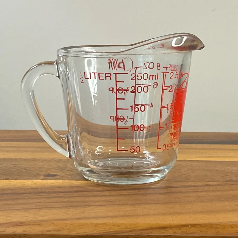 Vtg Anchor Hocking #496 1 Cup/8 oz Measuring Cup Clear Glass Red Lettering USA